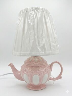 Karma Home Pink & White Tea Party Teapot Lamp with Shade